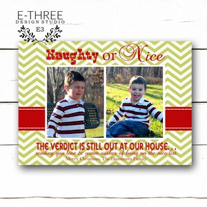 Naughty or Nice Christmas Card - Funny Photo Holiday Card - Chevron Red and Lime Green