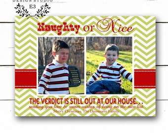 Naughty or Nice Christmas Card - Funny Photo Holiday Card - Chevron Red and Lime Green