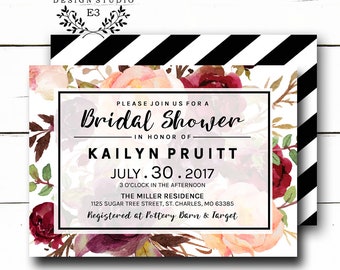 Burgundy Blush Pink Bridal Shower Invitation - Large Floral Wedding Shower Invites - Modern Black Stripes