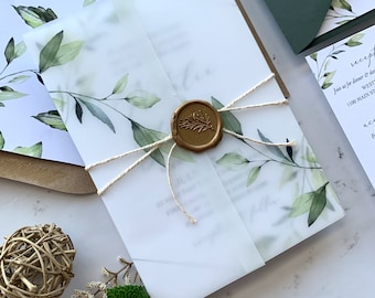 Involucro di pergamena verde acquerello e sigillo di cera aggiuntivo per la suite di invito di nozze della collezione Natalie