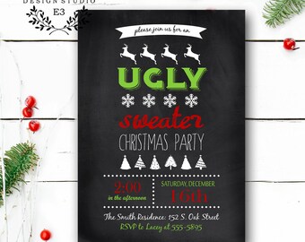 Ugly Sweater Christmas Party Invitation - Chalkboard - Tacky Sweater - Lime Green and Red Holiday