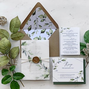 Aquarell Greenery Hochzeitseinladung, Vellum Hochzeitseinladung und Wachssiegel, Elegant gedruckte Hochzeitseinladung, Natalie Collection