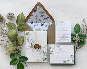 Suite di inviti di nozze watercolor Greenery, invito di nozze in pergamena e sigillo di cera, elegante invito di nozze stampato, collezione Natalie