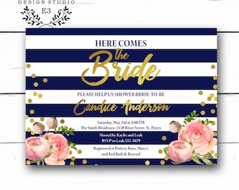 Pink and Navy floral Bridal Shower Invitations - Gold Confetti - Stripes - Wedding Shower Invites