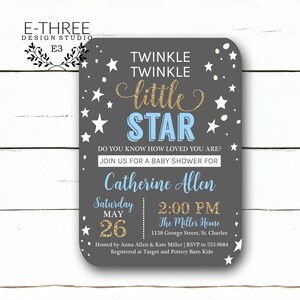 Twinkle Twinkle Little Star Baby Shower Invitation - Baby Boy Shower Invitation - Baby Blue, Gold, Gray - Star Baby Shower - Gold Glitter