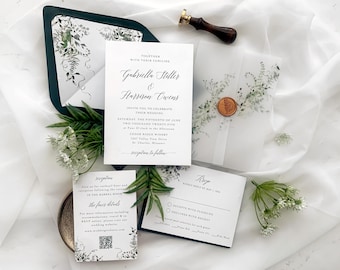 Delicato set di inviti per matrimonio con verde, set di inviti per matrimonio con edera e felce, inviti con verde botanico ad acquerello, Gabriella Suite
