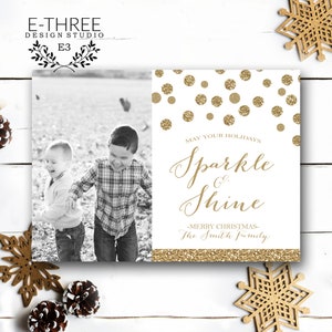 Tarjeta de fotos de Navidad de oro y blanco - Tarjetas de vacaciones de brillo y oro brillante - Tarjeta de fotos de Navidad brillante