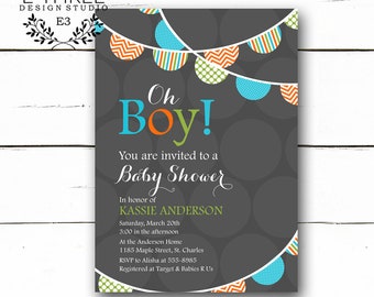 Gray Boy Baby Shower Invitation - Colorful Pendant Banner - Blue, Orange, Green, Gray