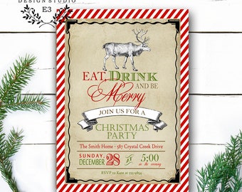 Vintage Reindeer Christmas Party Invitation - Eat Drink and Be Merry - Holiday Party