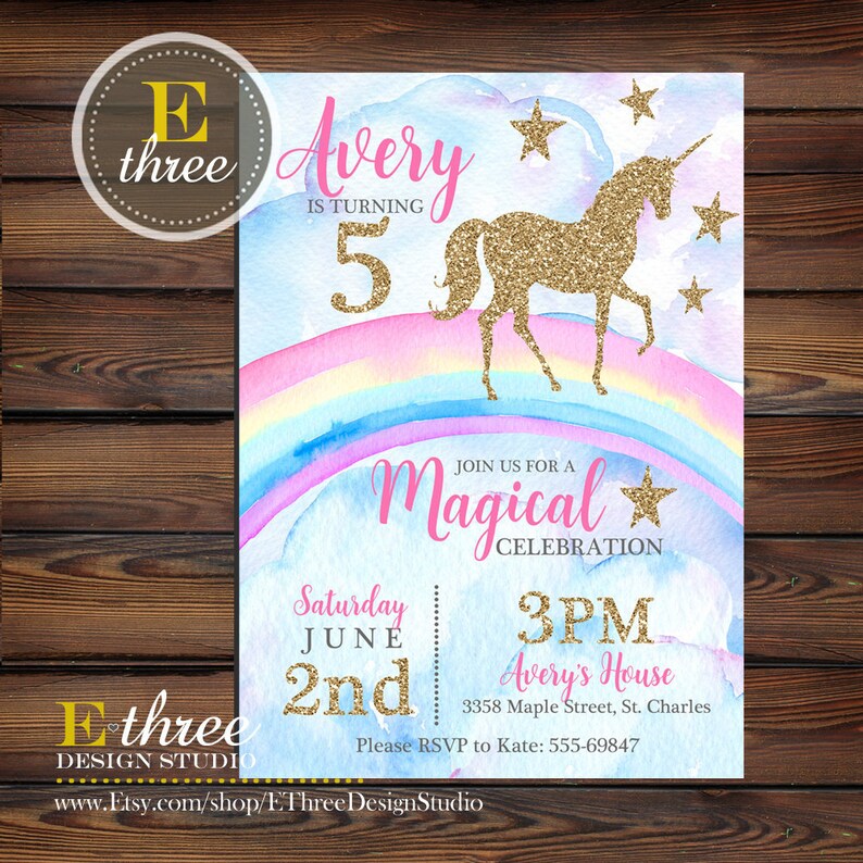 Unicorn Party Invitation - Girl Birthday Party Invitation - Pink, Gold ...