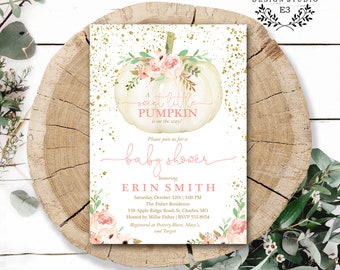 May include: A white pumpkin with pink and gold floral accents. The text "A sweet little pumpkin is on the way!" is on the pumpkin. The text "Please join us for a baby shower honoring Erin Smith" is below the pumpkin. The invitation includes the date, time, location, and RSVP information.