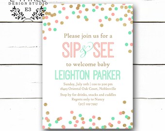 Sip and See Invitations - Baby Girl Shower Invitations - Mint, Pink and Gold Confetti Sip and See Invitations - New Baby Invites