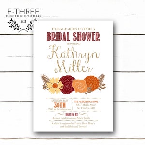Invitation de douche de mariée d’automne - Invitation de douche de mariage floral d’automne - Douche de mariage d’automne florale, orange de Bourgogne d’or