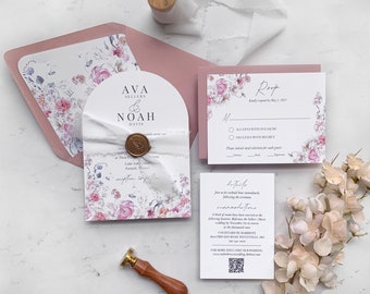 Suite per inviti di nozze rosa polveroso a forma di arco, set di inviti di nozze con fiori ad acquerello e verde con sigillo di cera e nastro, collezione Ava