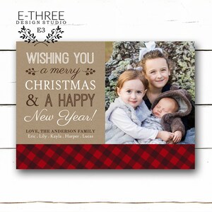 Plaid Christmas Card with Photo - Rustic - Kraft Paper - Holiday Foliage and Berries