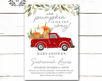 Rustic Pumpkin Baby Shower Invitation with Red Truck and Greenery, Pumpkin Farm Shower Invite, Plaid Farmhouse Shower