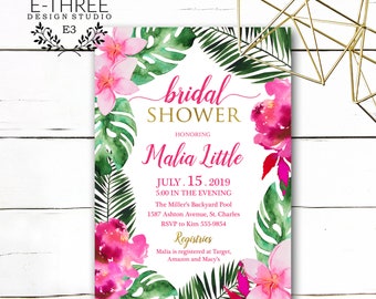 Tropical Flowers Bridal Shower Invitation - Palm Leaf Hot Pink Fuschia Floral Wedding Shower - Gold Accent - Digital or Printed