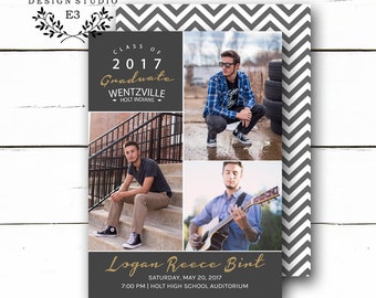 Modern Graduation Announcement - Printable High School or College Grad Invite - Gray and Gold