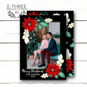Kerst bloemen Holiday Photo Card - aquarel - zwart en rood