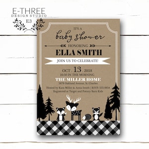 Woodland Animal Baby Shower Invitation - Black and White Plaid - Gingham - Rustic - Gender Neutral - Deer, Fox, Raccoon