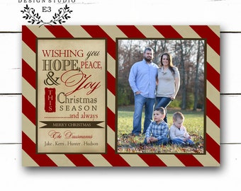 Rustic Photo Christmas Card - Stripes Red and Brown Family Holiday Card - Hope, Peace, Joy