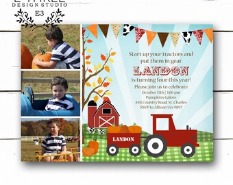 Fall Birthday Party Invitation - Farm Pumpkin Patch Kids Birthday Invitation - Tractor, Pumpkins, Barn - Photo Card