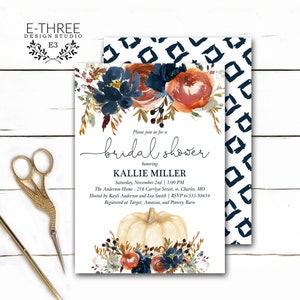 Fall Burnt Orange Navy Bridal Shower Invitation - Autumn Flowers and Pumpkins Wedding Shower Invite