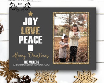 Gold White Christmas Card - Peace Love Joy Photo Holiday Card - Gold Glitter Christmas cards with Star and Tree