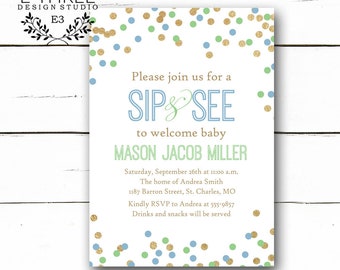 Sip and See Baby Boy Shower Invitation with Mint Baby Blue and Gold Confetti, Boy's Sip and See Invitations  #1030