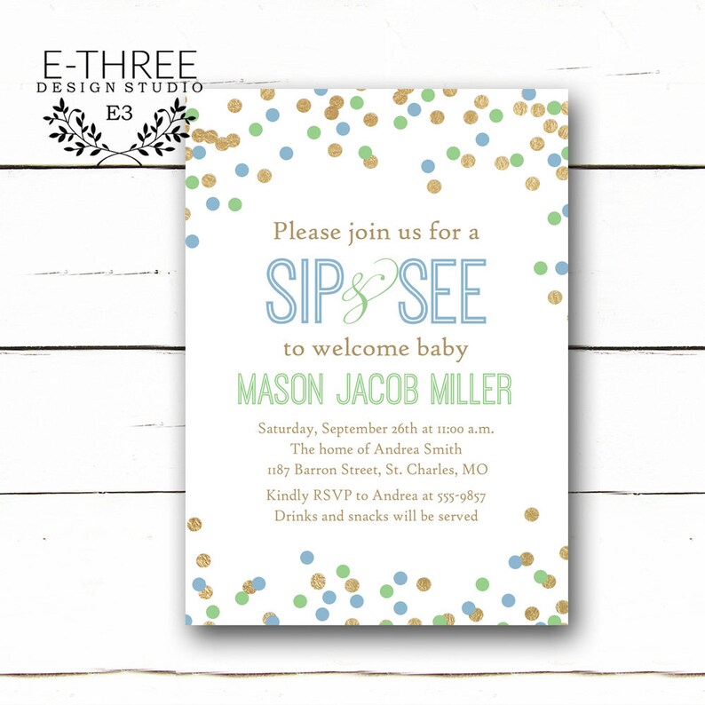 Sip and See Baby Boy Shower Invitation With Mint Baby Blue and Etsy