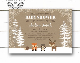 Winter Woodland Baby Shower Invitation - Forest Animals - Deer, Raccoon, Fox - Snow - Gender Neutral