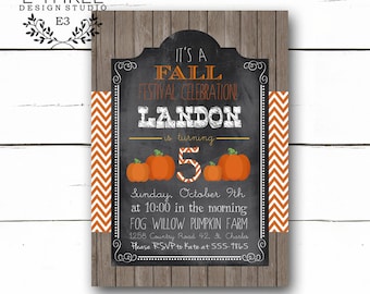 Fall Birthday Party Invitation - Kid's Fall Festival Invite - Chalkboard and Pumpkins - Orange Chevron