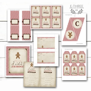 May include: Printable Christmas cookie exchange party decorations in red and white stripes with gingerbread man illustrations. Includes welcome sign, recipe cards, tags, and voting cards.
