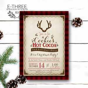 Rustieke kerst uitnodiging voor feestje - rendieren geweien en Plaid - hete Coca en Cookies Christmas Party uitnodiging