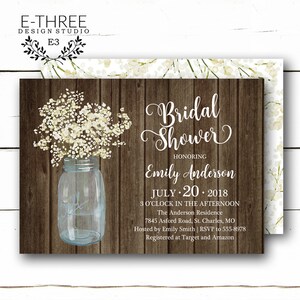 Rustic Bridal Shower Invitation White Baby's Breath Flower Bridal Shower Invitation Mason Jar Wood Wedding Shower image 3