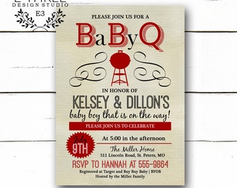 BBQ Baby Shower Invitation - BABYQ - Couples Shower Invite - Gender Neutral - Vintage - Red and Black #1053