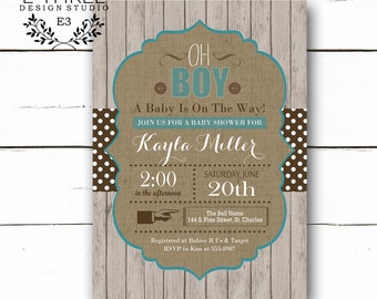 Rustic Shower Invitations - Boy Shower Invites - Burlap Wood Invite - Teal Brown White - Polka Dots - Country #1034