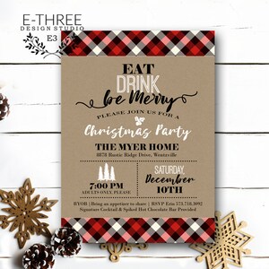 Invito del partito di Natale plaid - mangiare bere e Merry - rustico