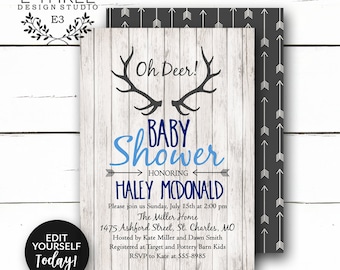 Rustic Baby Boy Shower Invitation - Deer Antler Boy's Shower Invitation - Navy, Gray, Light Blue - Rustic Wood, Arrows, Deer #1002