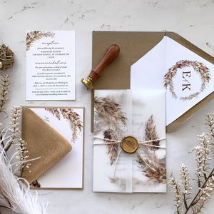 Pampas Grass Wedding Invitations Suite with Vellum and Wax Seal, Fall Foliage Wedding Invitation, Printed Invitations, Ella Collection image 2