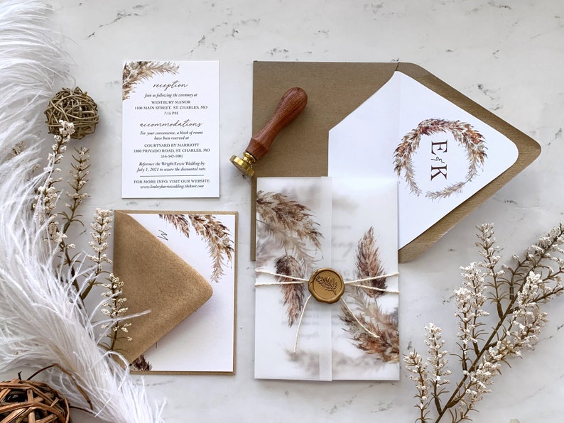 Pampas Grass Wedding Invitations Suite with Vellum and Wax Seal, Fall Foliage Wedding Invitation, Printed Invitations, Ella Collection image 2
