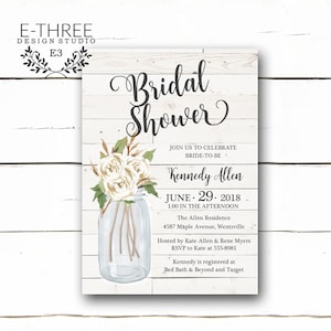 White Farmhouse Bridal Shower Invitation - Shiplap and Flowers Wedding Shower Invite - Mason Jar - White Flowers - Rustic Country