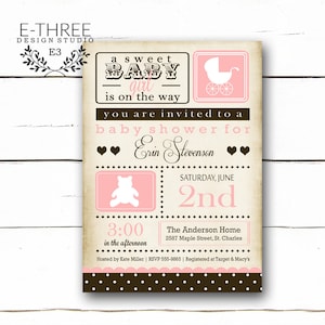 Vintage Baby Shower Invitation - Girl's Baby Shower Invitation - Pink and Brown - Shabby Chic - Teddy Bear
