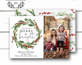 Christmas Greenery Holiday Card - Wreath Christmas Photo Card - Merry and Bright Berries Foliage Holiday Card - Digital File or Printed Card