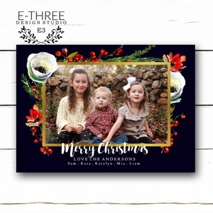 Bloemen kerstkaart - Marine en gouden kerstkaart - Familiefoto kerstkaart - Groen en kerstbloemen, digitale of gedrukte kaart