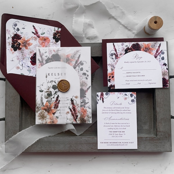 Burgundy and Terracotta Floral Wedding Invitation Suite, Arch Wedding Invitation, Fall Flowers Pampas Grass with Vellum & Wax, Kelsey Suite