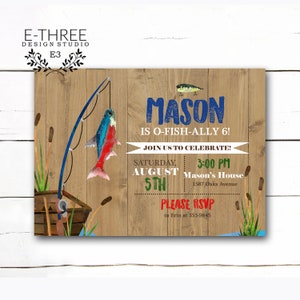 Invito festa di compleanno di pesca-ragazzi all'aperto invito-legno rustico-blu navy verde rosso