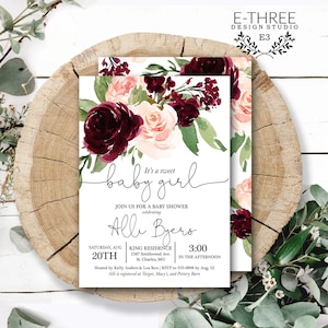 Blush Pink e Bordeaux Floreale Baby Girl Shower Invito - File digitale o carte stampate