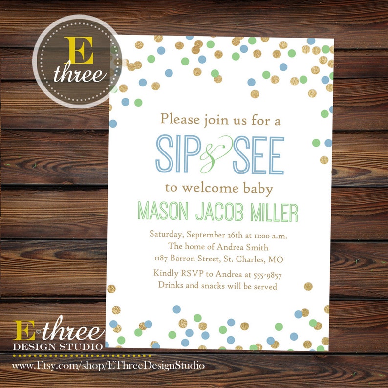 Sip and See Baby Boy Shower Invitation with Mint Baby Blue and Gold Confetti, Boy's Sip and See Invitations 1030 image 4