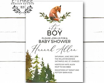 Fox Baby Boy Shower Invitation - Woodland Forest and Greenery Invite